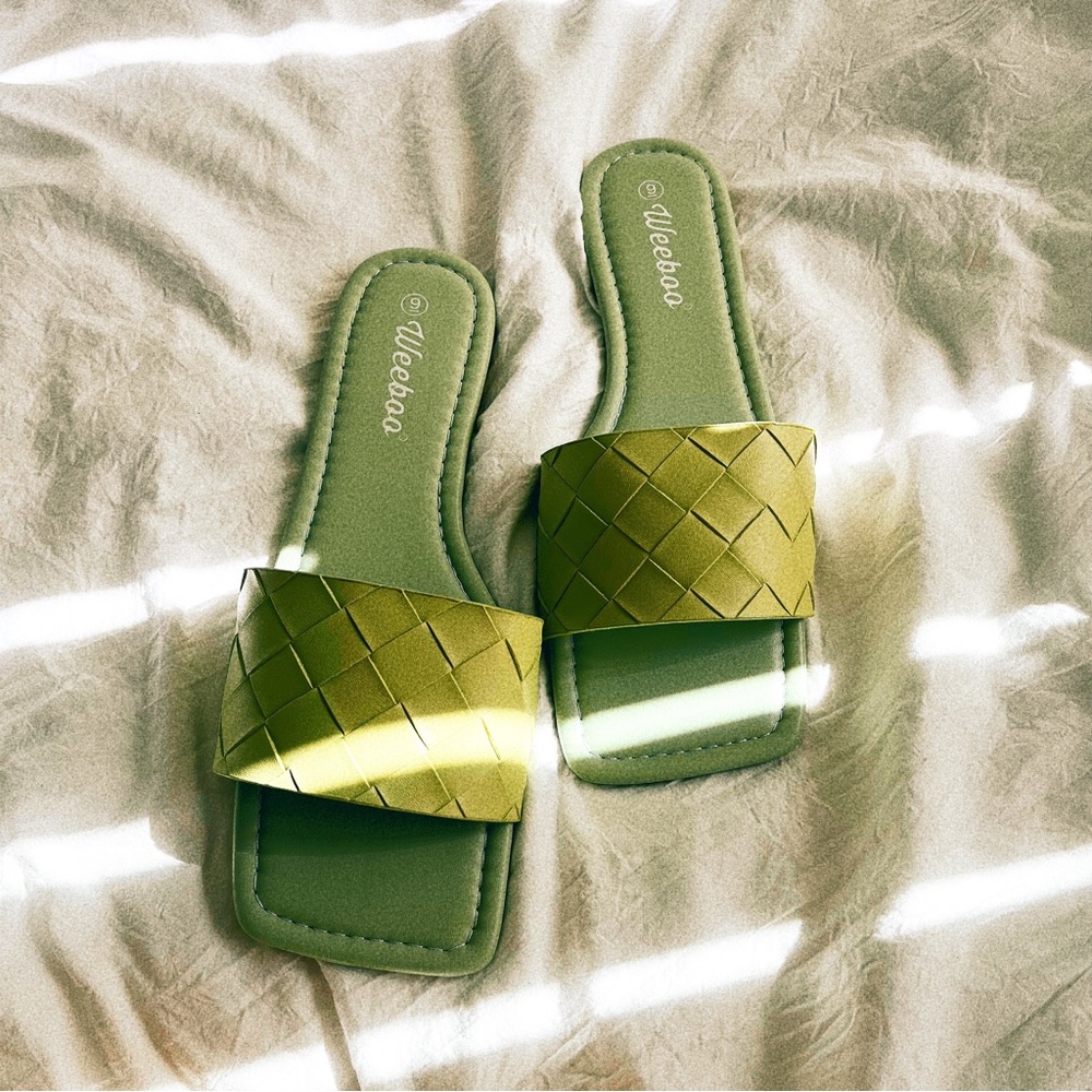 Woven Strap Flat Square Toe Slide Sandals in Sage